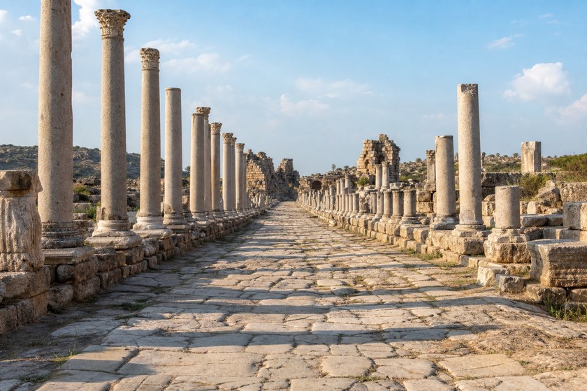 Perge Antik Kenti sütunlu cadde ve Roma dönemi taş yolu