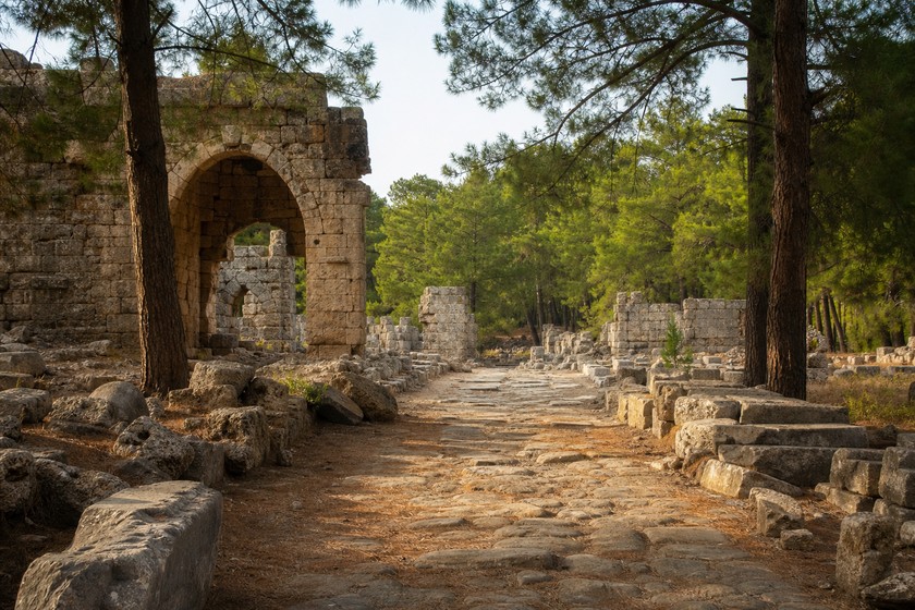 Phaselis Antik Kenti taş kalıntıları ve yürüyüş alanı