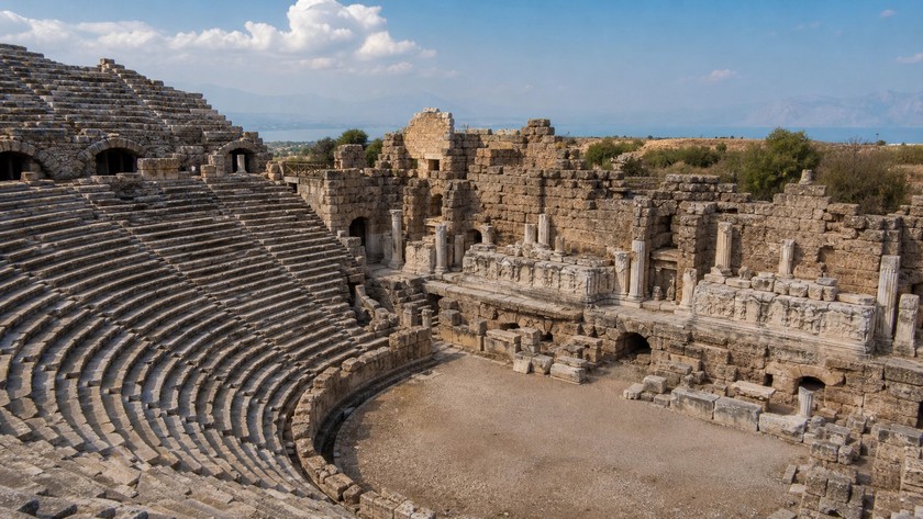 Side Antik Tiyatro taş oturma basamakları ve tarihi yapı
