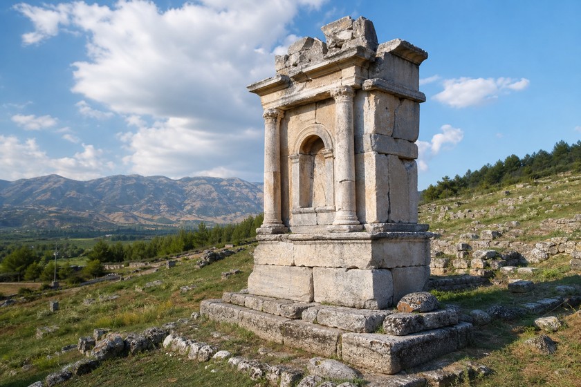 Rhodiapolis'teki Opramoas anıtı ve yazıtlı taş kalıntılarının temsilî görünümü