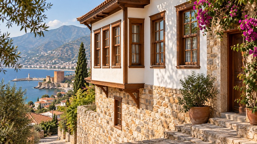 Alanya'daki geleneksel konut dokusunu temsil eden ahşap ve taş cephe ayrıntıları