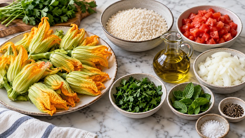 Kabak çiçeği dolması hazırlığında pirinç, domates, soğan ve yeşillikler