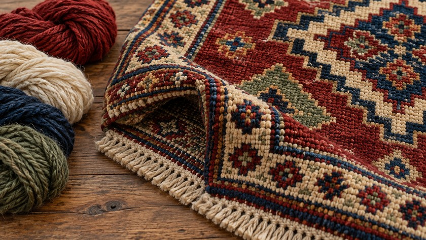 Koyu renkli yün halı üzerinde geleneksel geometrik motif ayrıntıları