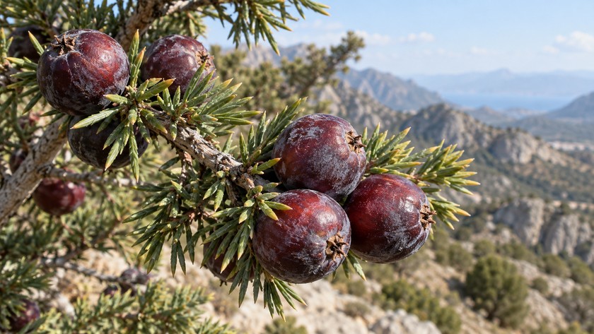 Açık gri mumsu tabakalı koyu bordo enek ardıç kozalakları