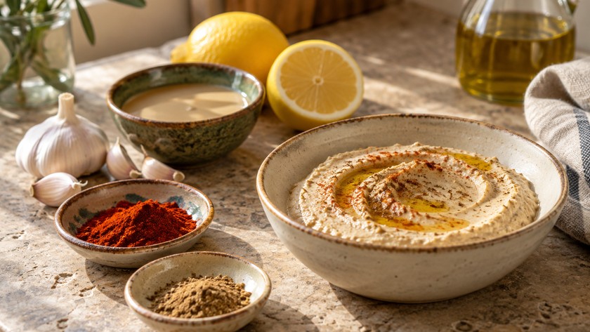 Hibeş için tahin, limon, sarımsak ve baharatlar