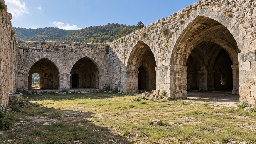 Açık avlu ile kemerli örtülü mekânların ilişkisini anlatan temsili kervansaray sahnesi