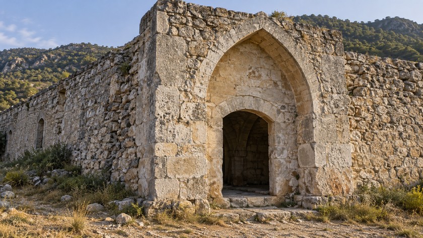 Dışa taşan taş giriş kütlesi, sivri kemer ve basık kapı açıklığını anlatan temsili görsel